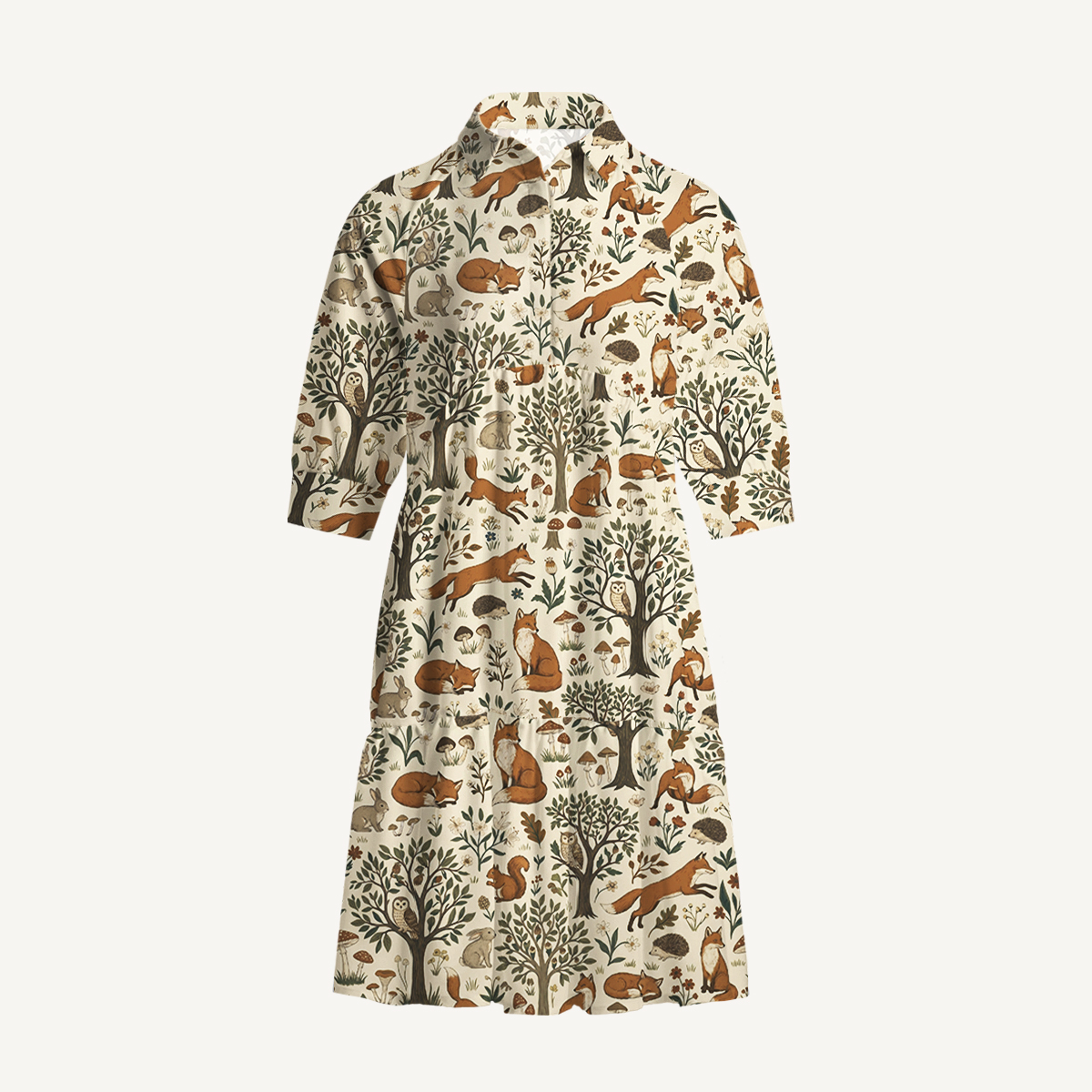 V Neck Collared Woodland Creatures Mini Dress For Women With Pockets