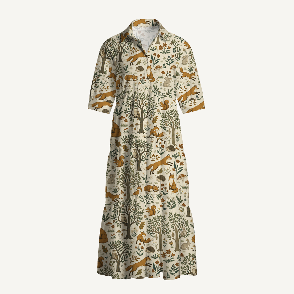 Woodland Creatures Print Casual Midi Dress With Pockets