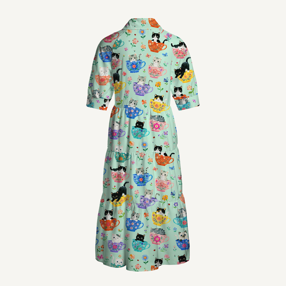 Cute Teacup Kitten Print Casual Midi Dress With Pockets