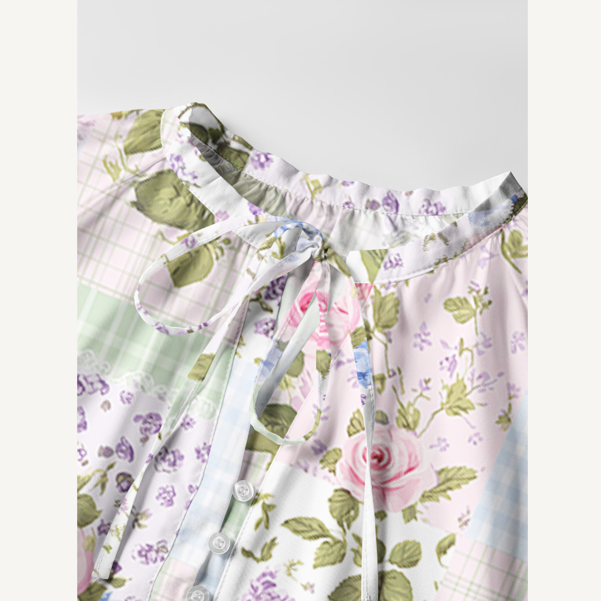 Pastel Rose Print Boho Tie‑Neck Smock Mini Dress