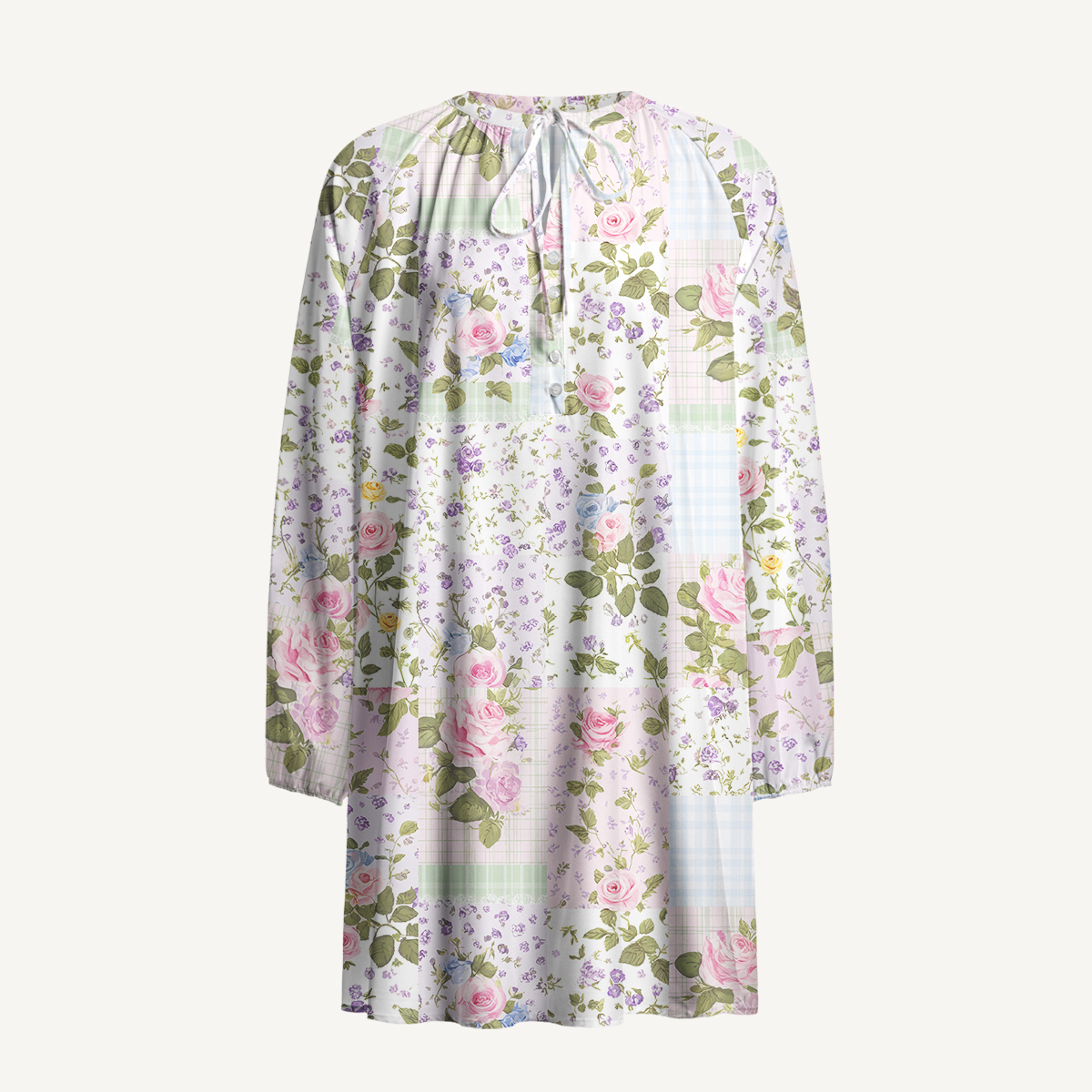Pastel Rose Print Boho Tie‑Neck Smock Mini Dress