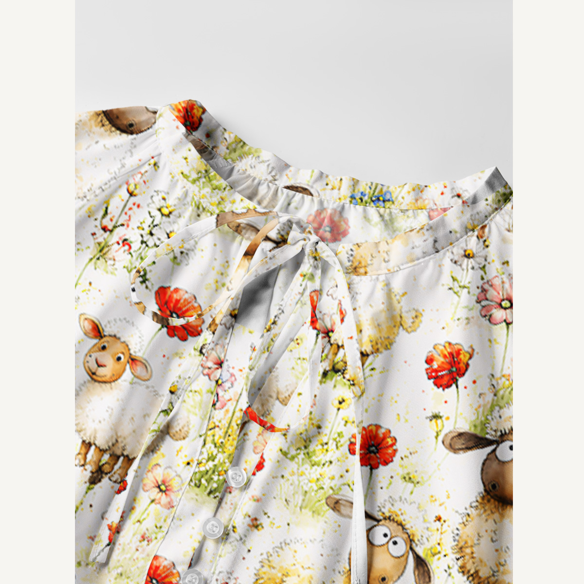 Whimsical Sheep Clipart Print Boho Tie‑Neck Smock Mini Dress