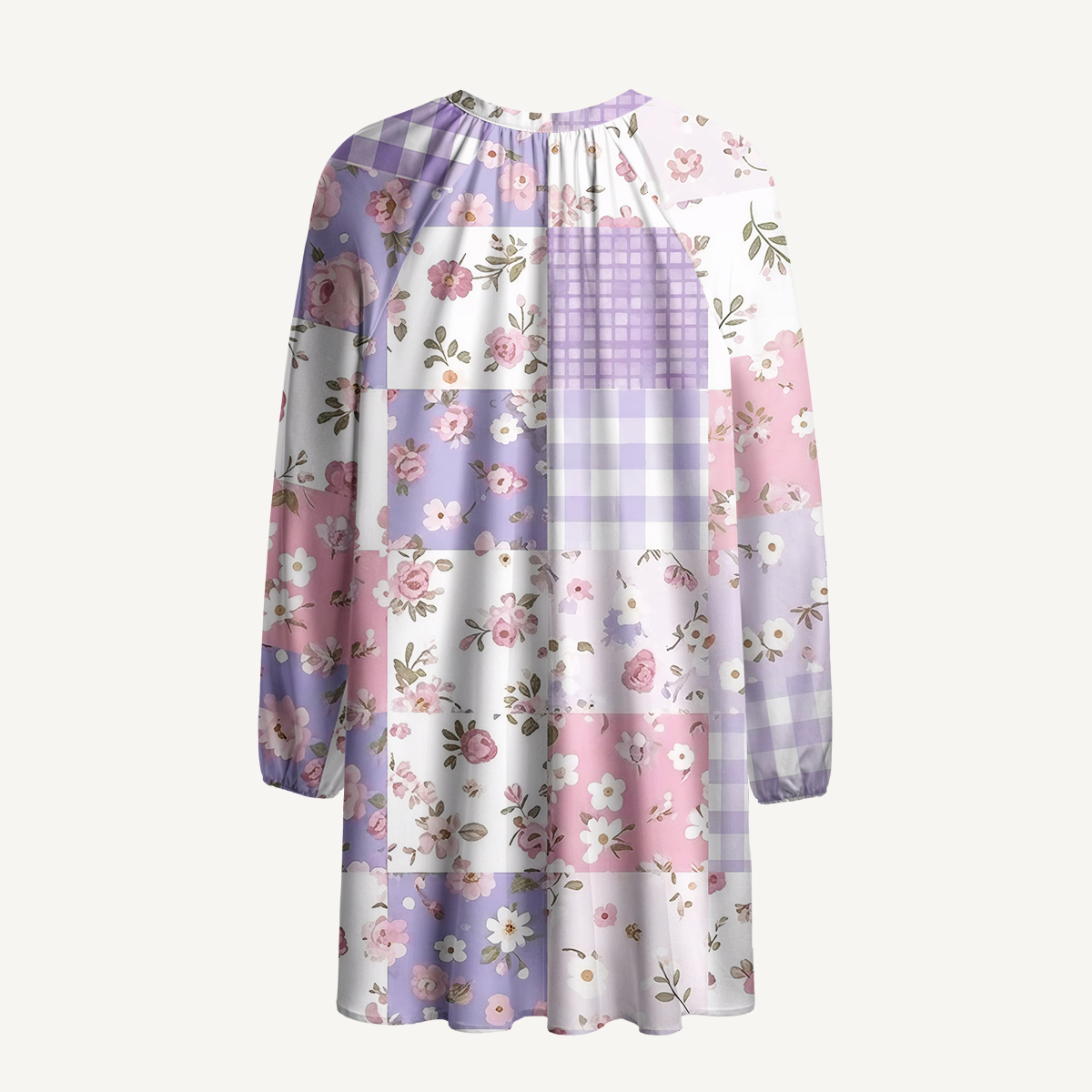 Sweet Cottage Patchwork Print Boho Tie‑Neck Smock Mini Dress