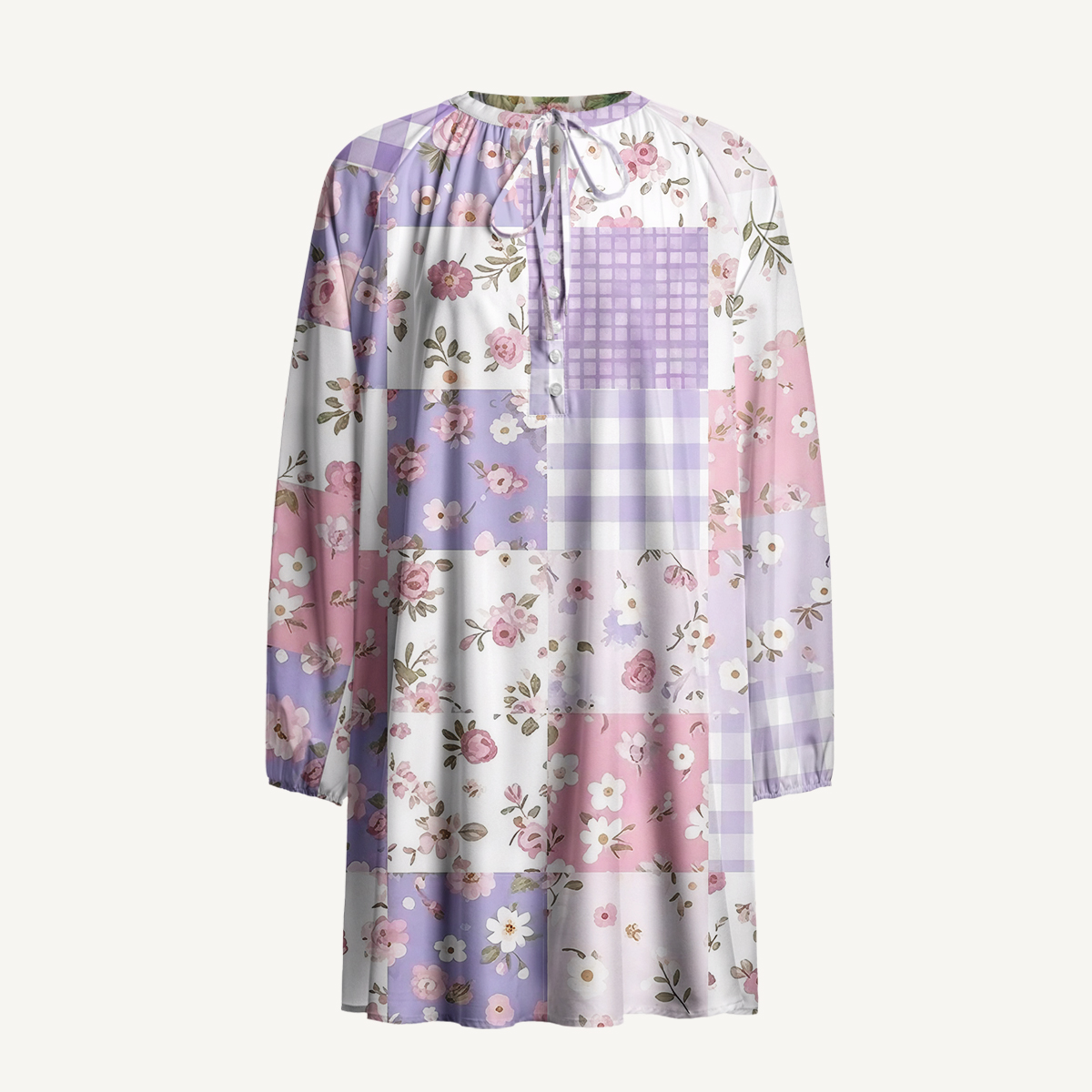 Sweet Cottage Patchwork Print Boho Tie‑Neck Smock Mini Dress