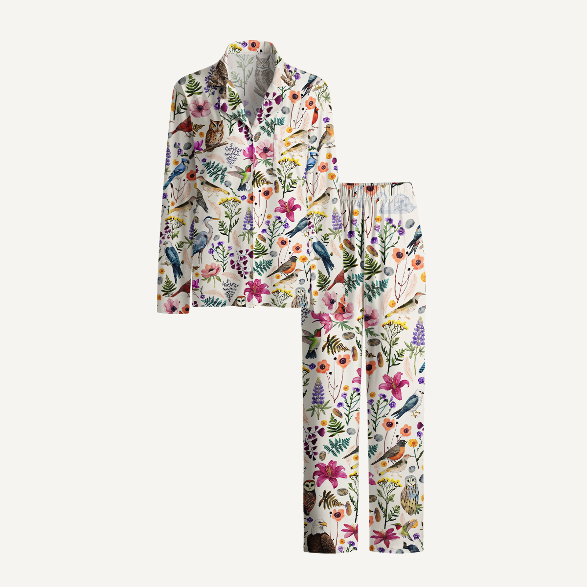 Whimsical Woodland Birds Wildflowers Print Long Pajama Set 