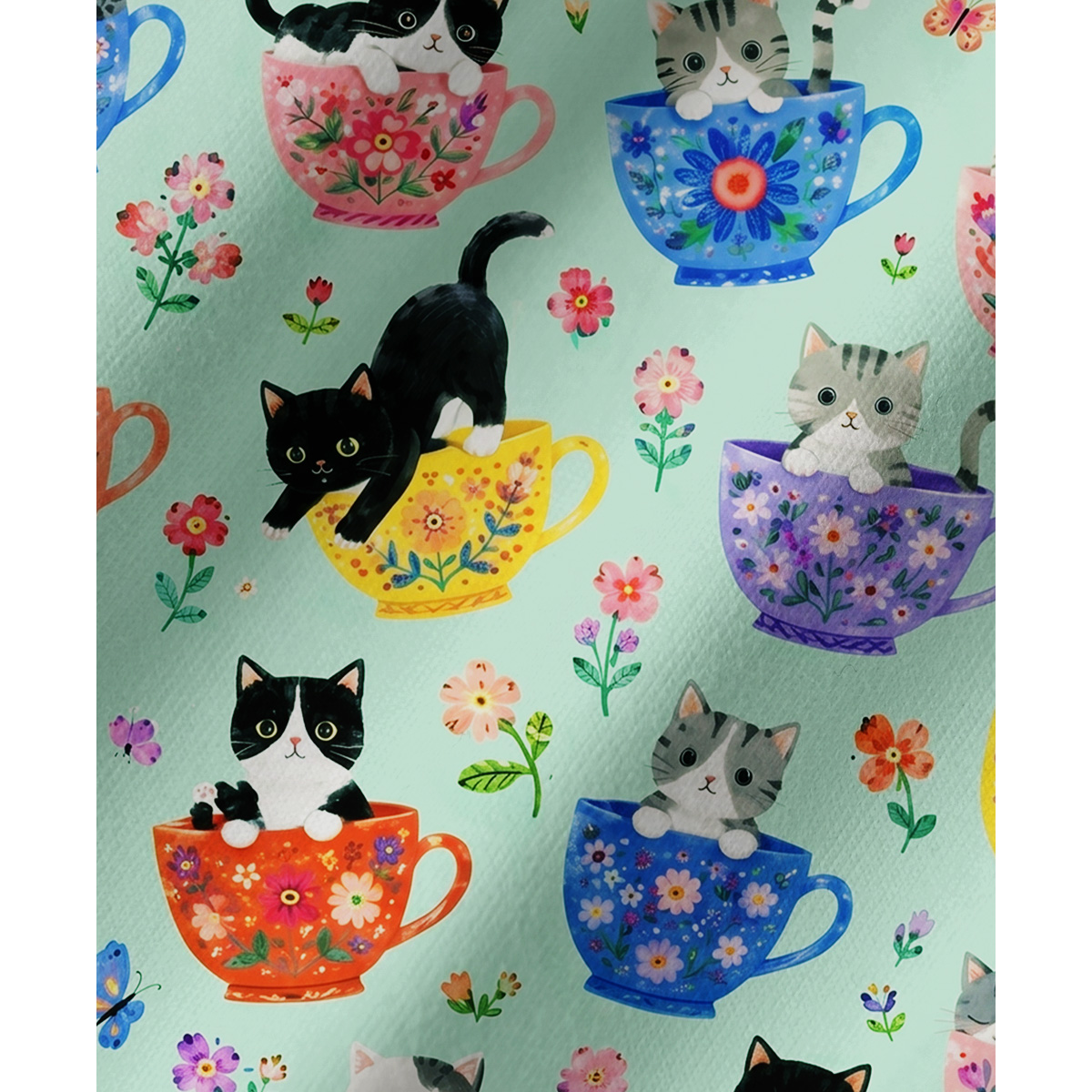Cute Teacup Kitten Print Long Pajama Set 