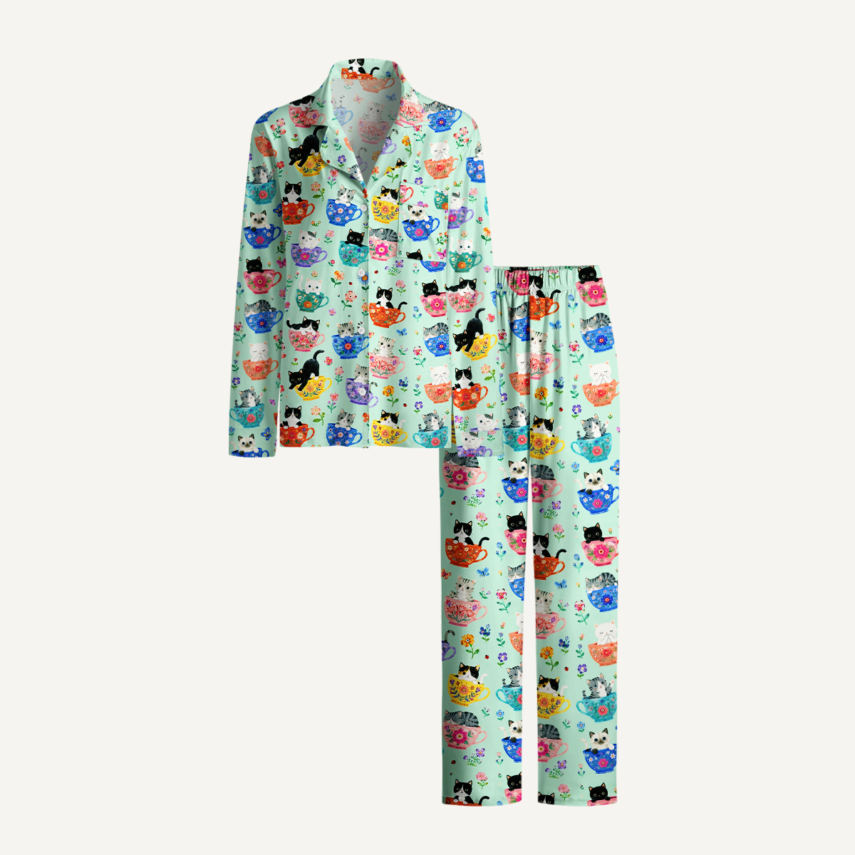 Cute Teacup Kitten Print Long Pajama Set 