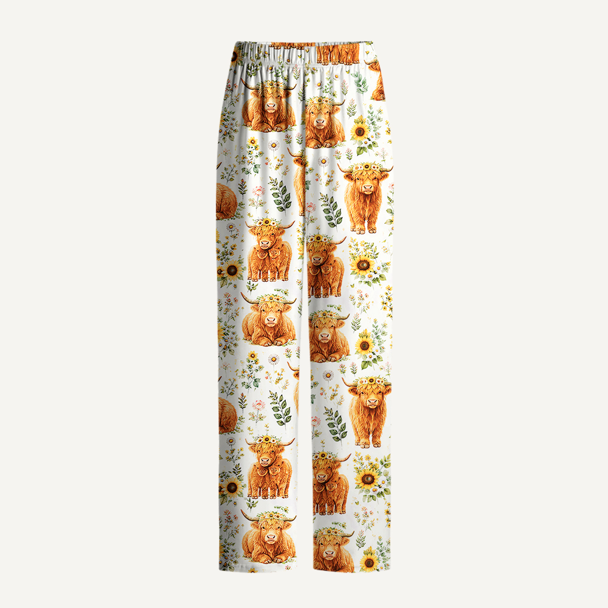 Spring Highland Cow Floral Print Long Pajama Set 
