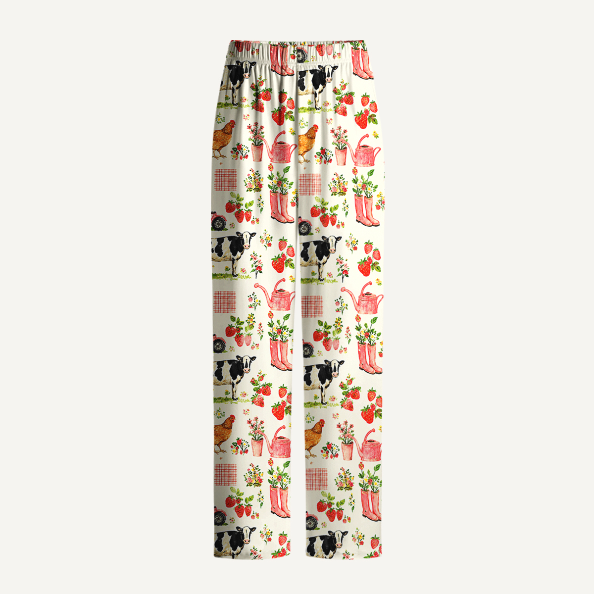 Watercolor Pink Farm Chicken Print Long Pajama Set 