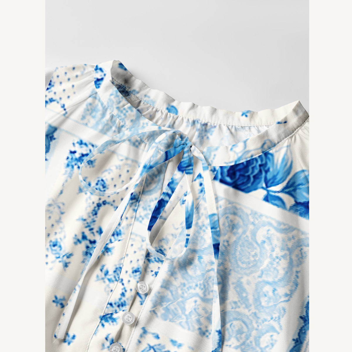 Delft Blue Floral Patchwork Print Boho Tie‑Neck Smock Mini Dress