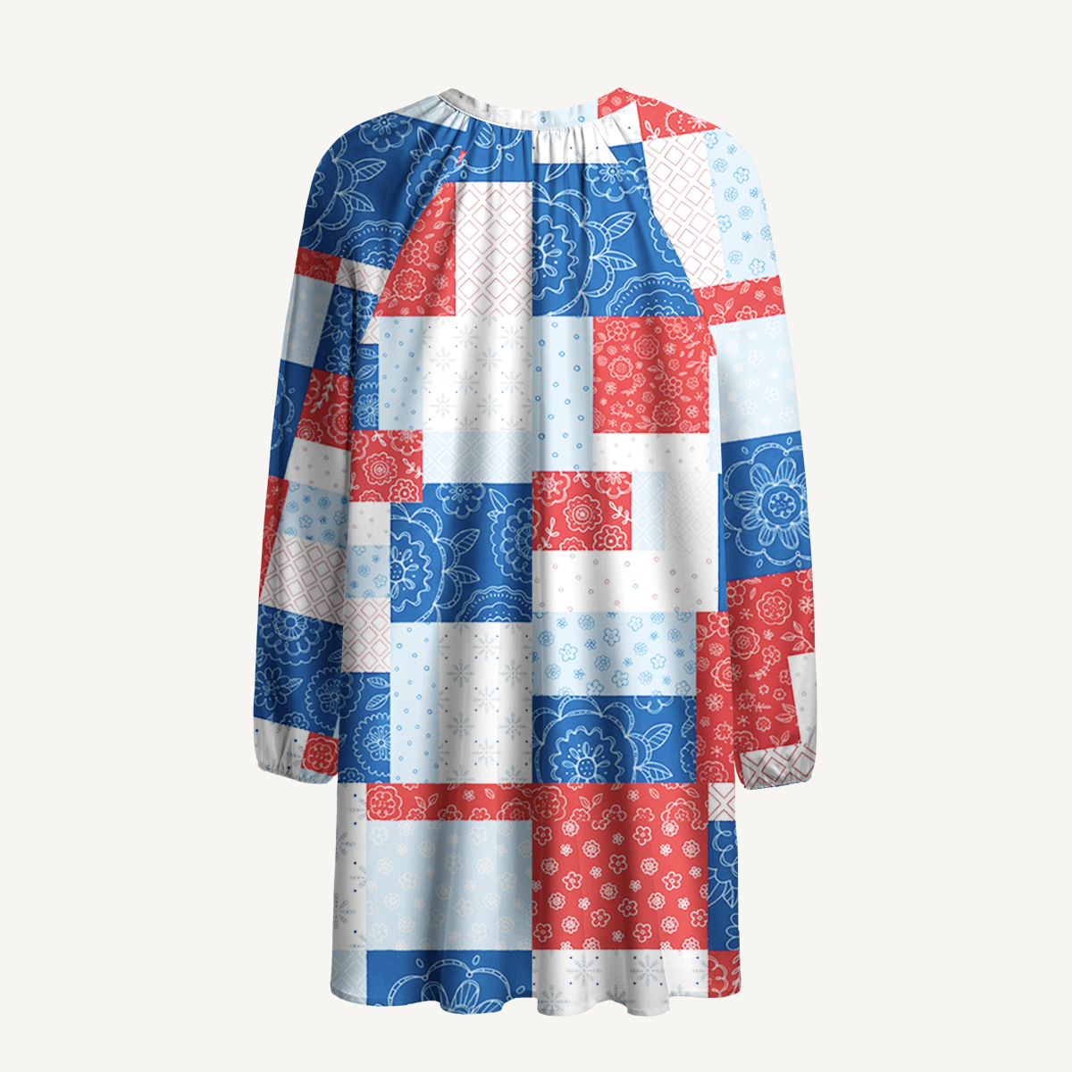 Patriotic Patchwork Print Boho Tie‑Neck Smock Mini Dress