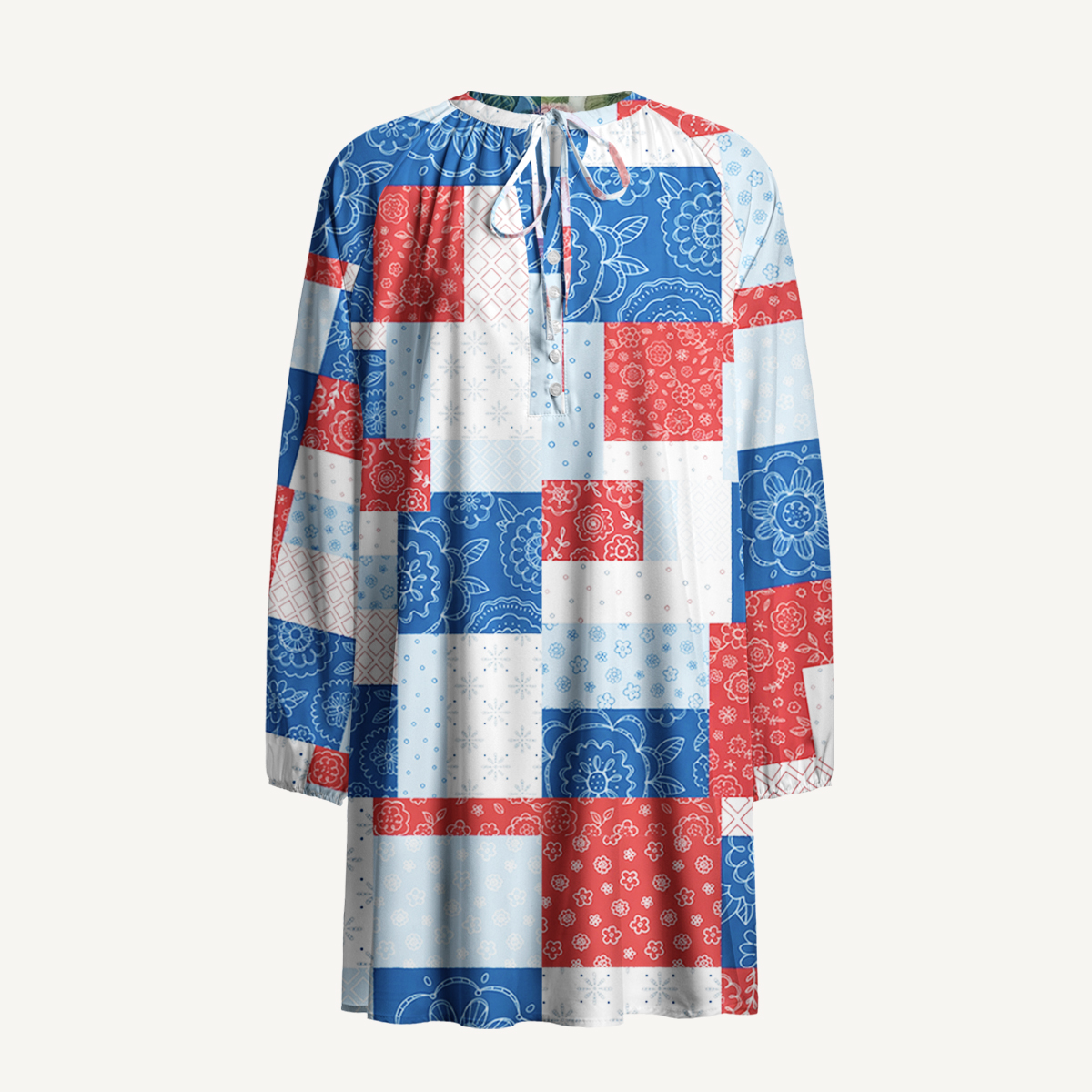 Patriotic Patchwork Print Boho Tie‑Neck Smock Mini Dress