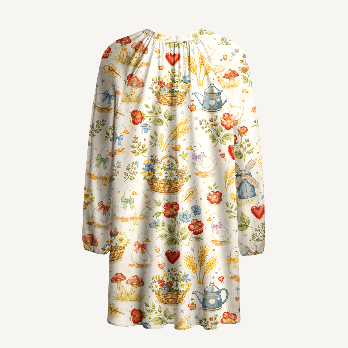 Rustic Duck Meadow Print Boho Tie‑Neck Smock Mini Dress