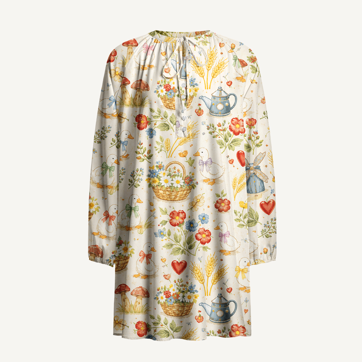 Rustic Duck Meadow Print Boho Tie‑Neck Smock Mini Dress