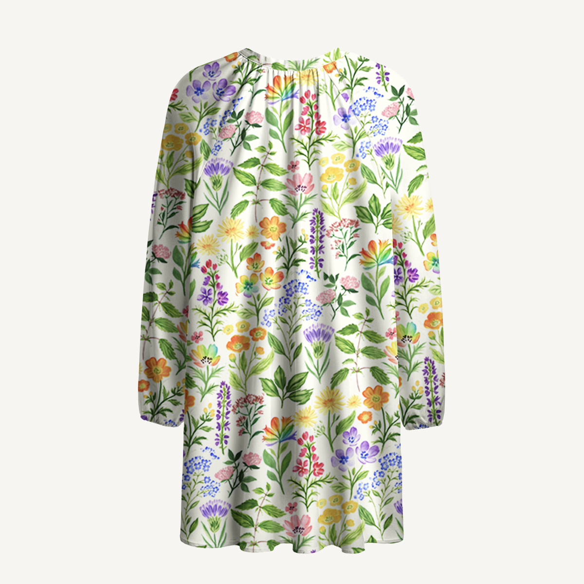 Colorful Wildflower Meadow Print Boho Tie‑Neck Smock Mini Dress