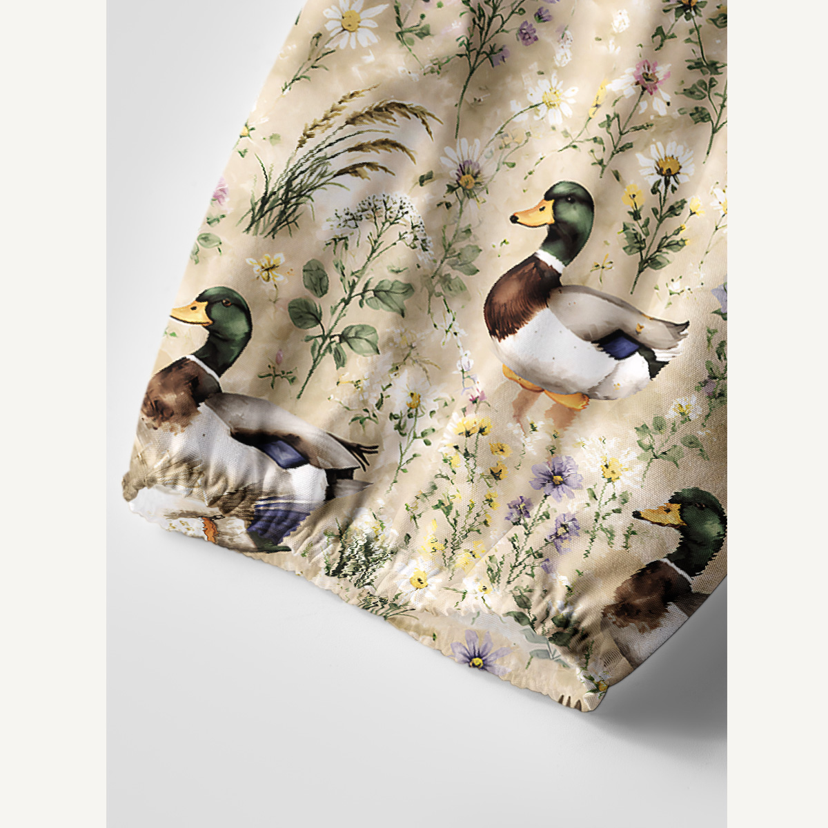 Watercolor Mallard Ducks Print Boho Tie‑Neck Smock Mini Dress