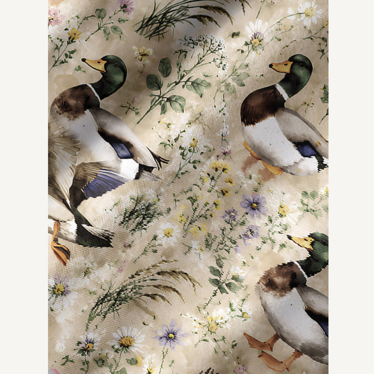 Watercolor Mallard Ducks Print Boho Tie‑Neck Smock Mini Dress