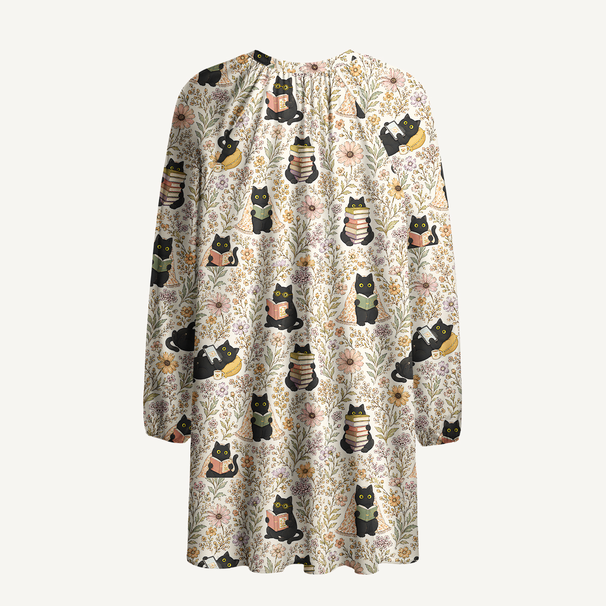 Books Blooms and Black Cats Print Boho Tie‑Neck Smock Mini Dress