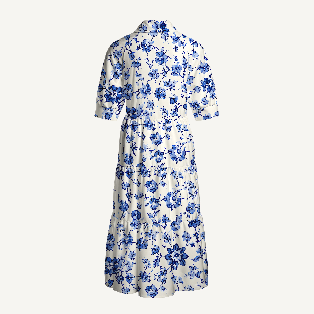 V Neck Collared Delft Blue Vintage Floral Print Quilt Print Casual Midi Dress With Pockets