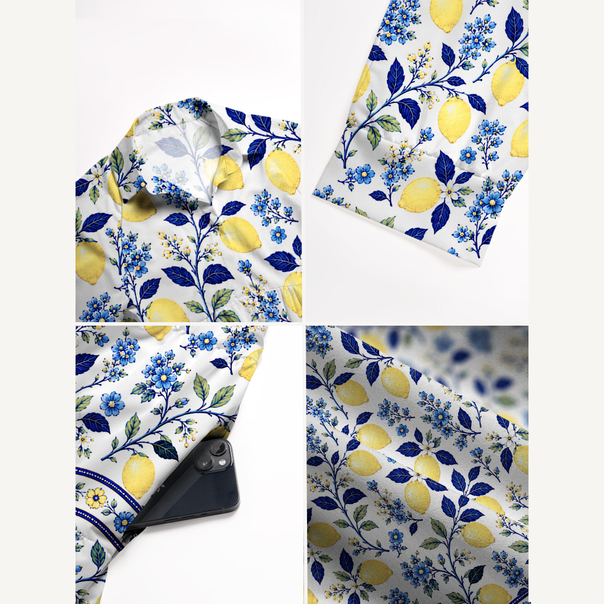 V Neck Collared Blue Lemon Floral Print Quilt Print Casual Midi Dress With Pockets