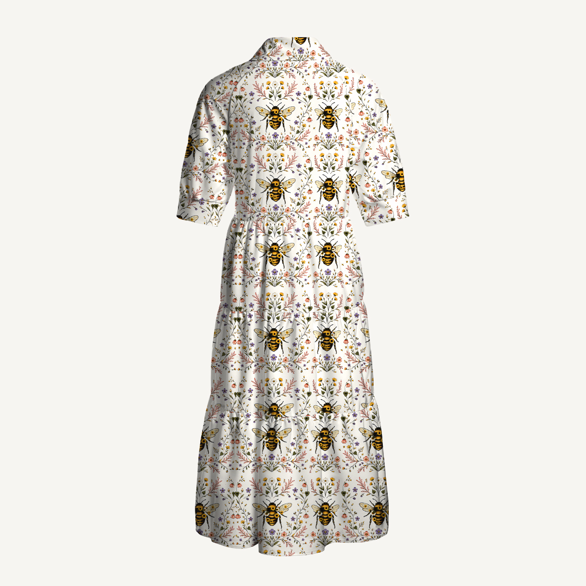 V Neck Collared Bee Floral Print Quilt Print Casual Midi Dress With Pockets