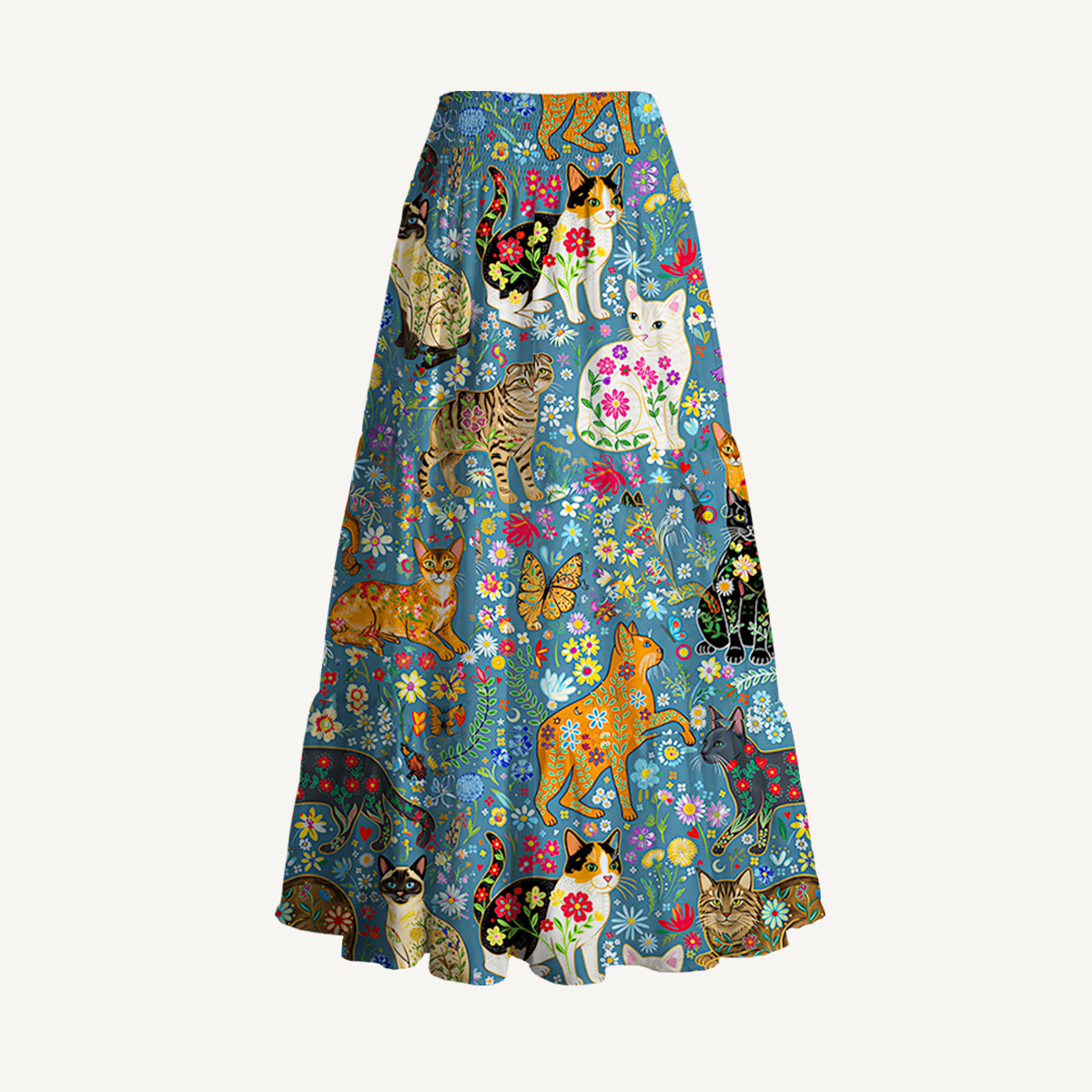 Colorful Garden Cat Print Maxi Skirt