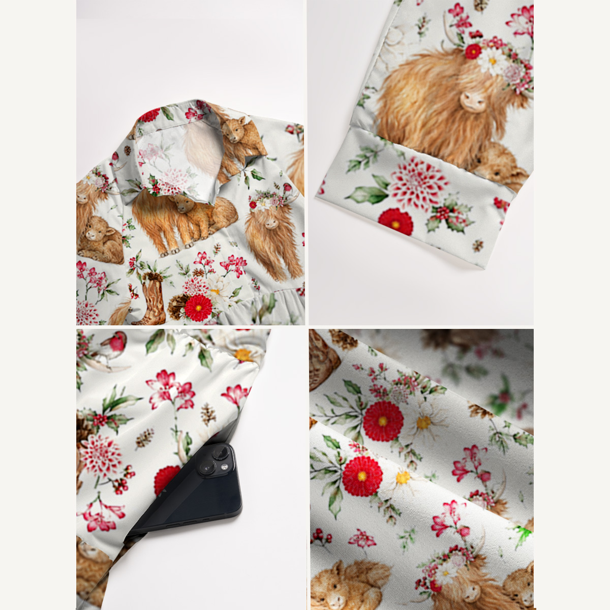 V Neck Collared Strawberry Meadow Highland Cow Print Casual Midi Dress With Pockets