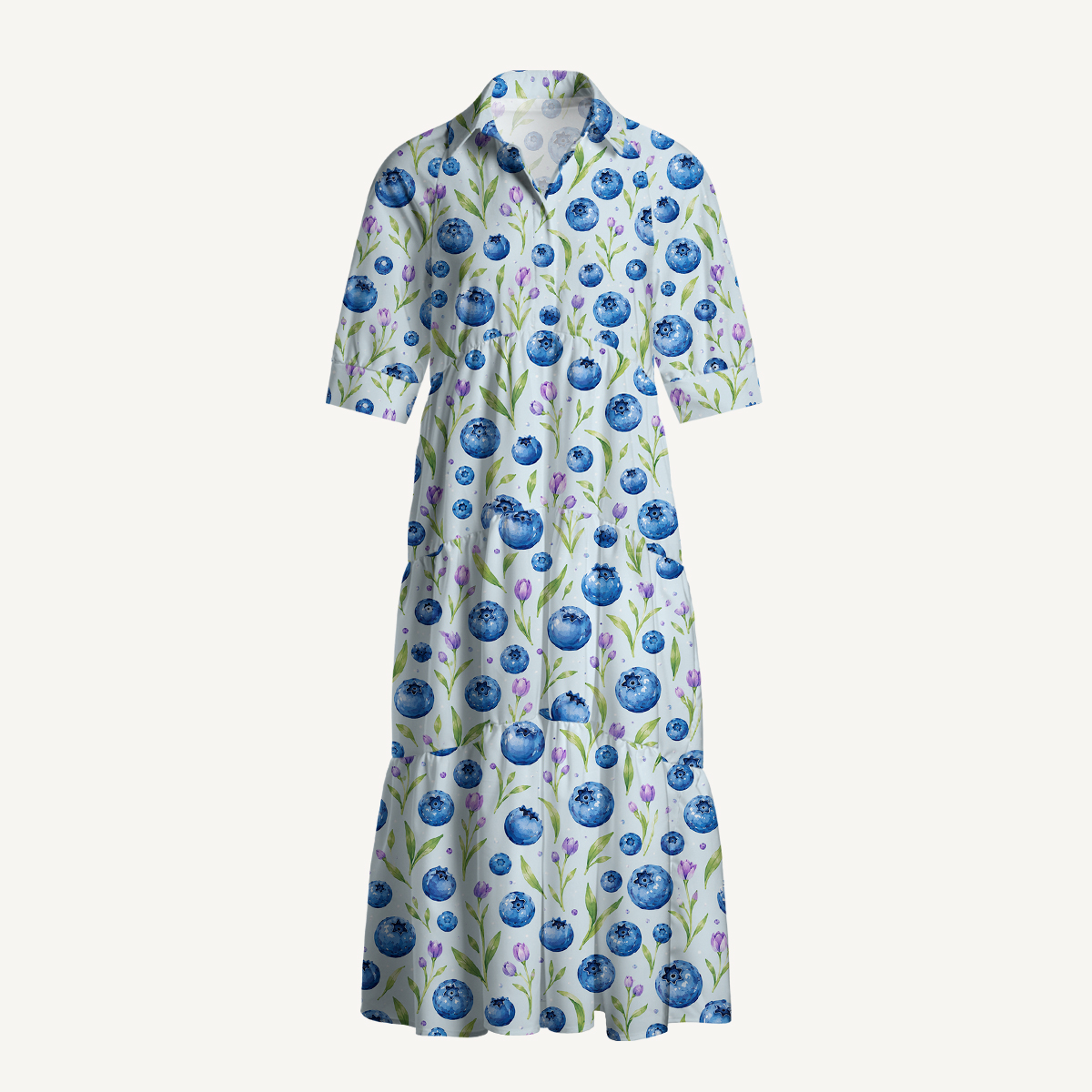V Neck Collared Blueberry Blossom Pattern Print Casual Midi Dress With Pockets