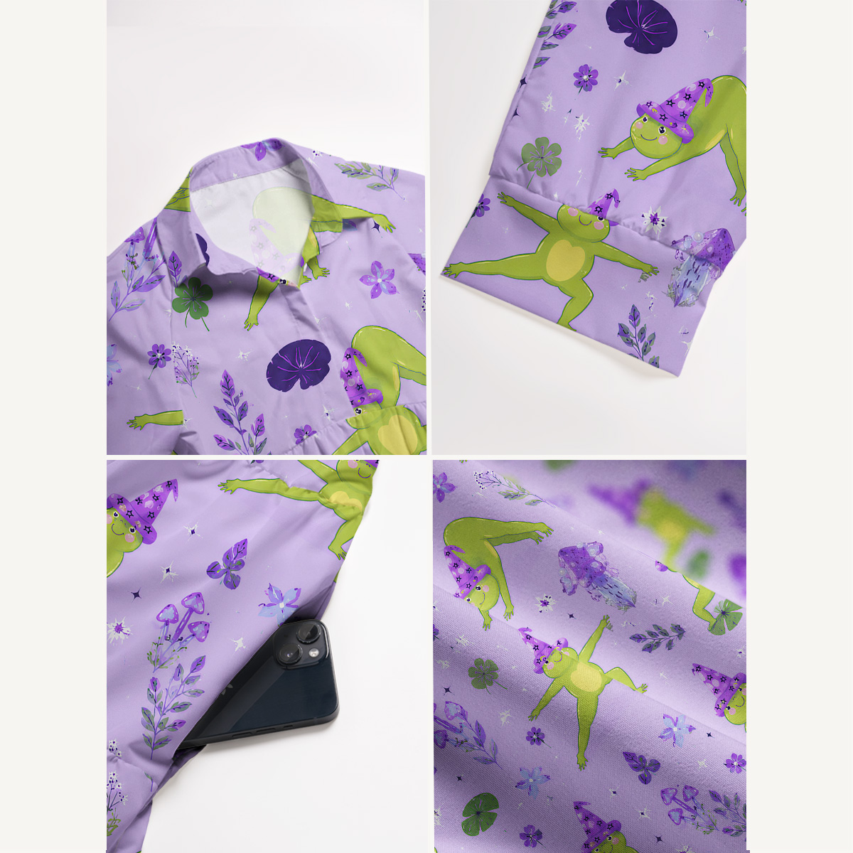 V Neck Collared Frog Yoga Print Casual Midi Dress With Pockets