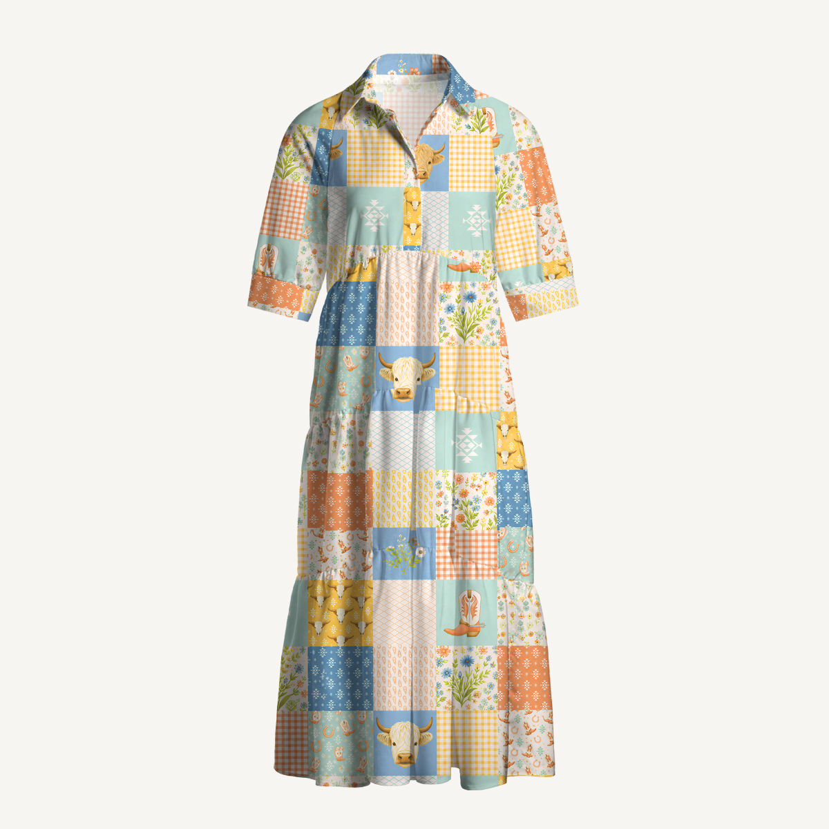 V Neck Collared Highland Cow Patchwork Print Casual Midi Dress With Pockets