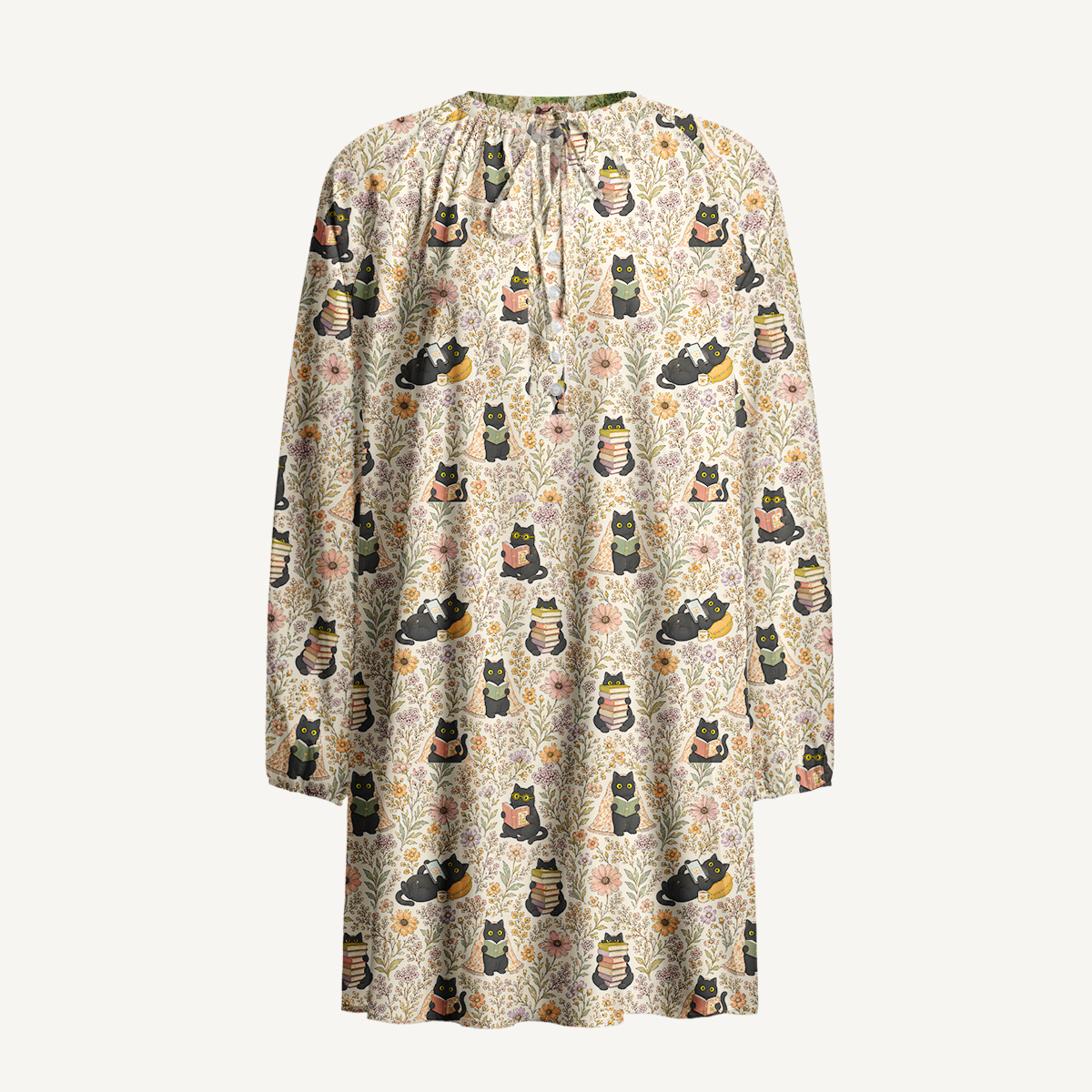 Books Blooms and Black Cats Print Boho Tie‑Neck Smock Mini Dress