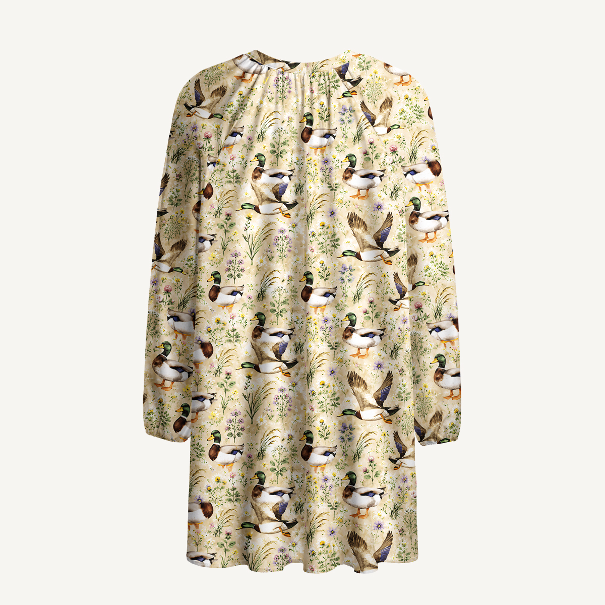 Watercolor Mallard Ducks Print Boho Long Sleeve Tie‑Neck Smock Mini Dress