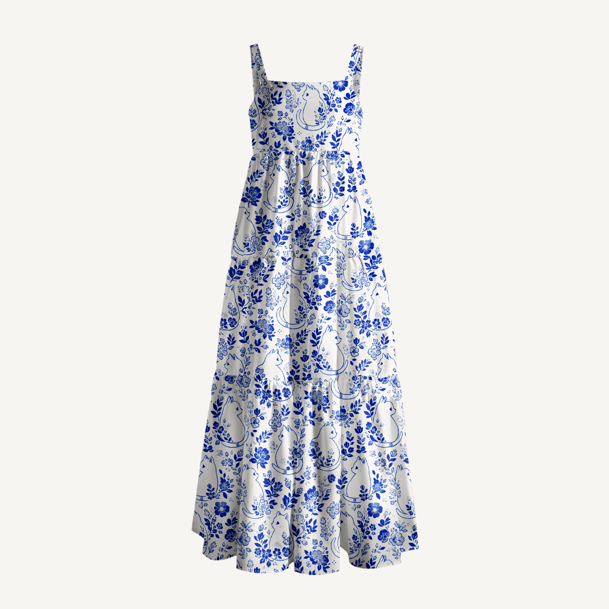 Delft Blue Moonlit Garden Cats Print Wide Straps Maxi Dress With Pockets