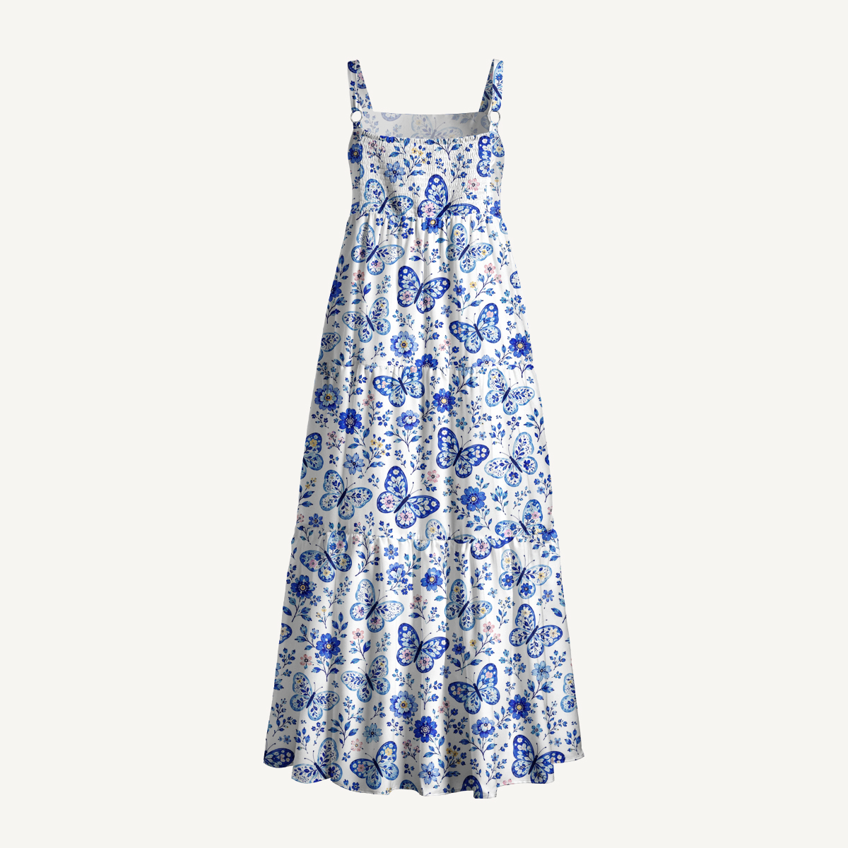 Delft Blue Butterfly Floral Print Wide Straps Maxi Dress With Pockets
