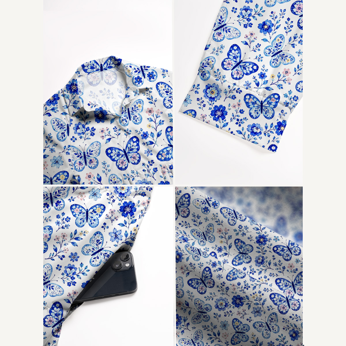 V Neck Collared Delft Blue Butterfly Floral Print Casual Midi Dress With Pockets