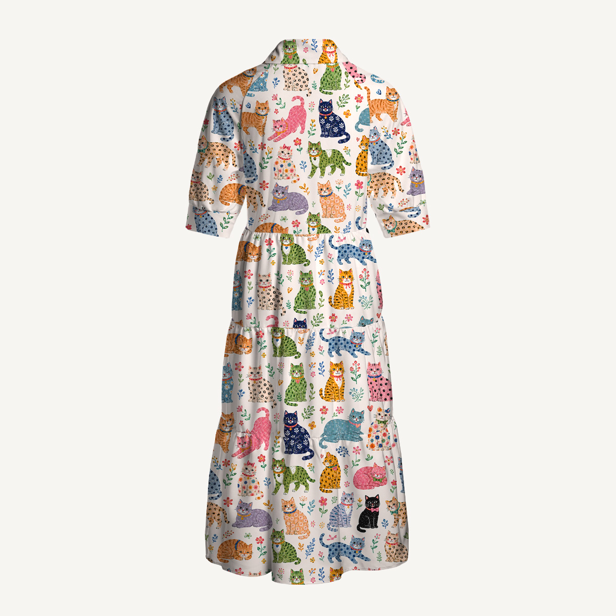 V Neck Collared Playful Cats Floral Print Casual Midi Dress With Pockets