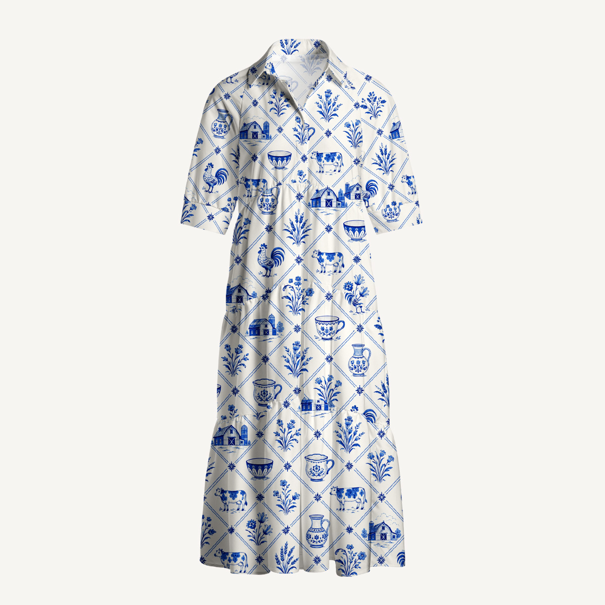 V Neck Collared Country Delft Blue Patchwork Print Casual Midi Dress With Pockets