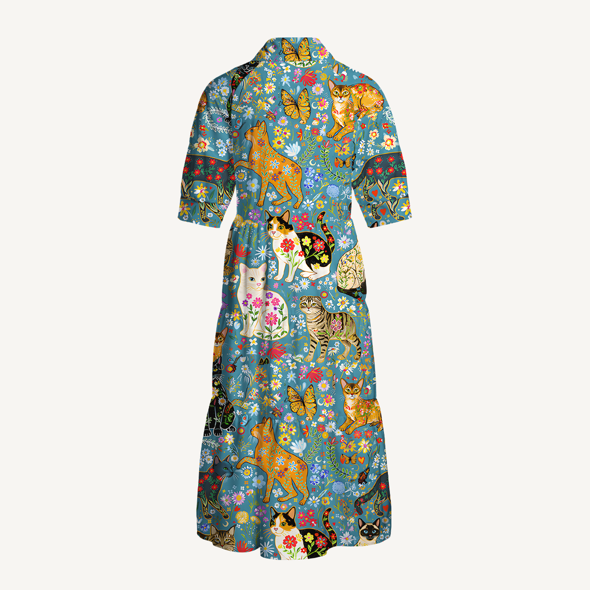 V Neck Collared Colorful Garden Cat Casual Long Shirt Dress