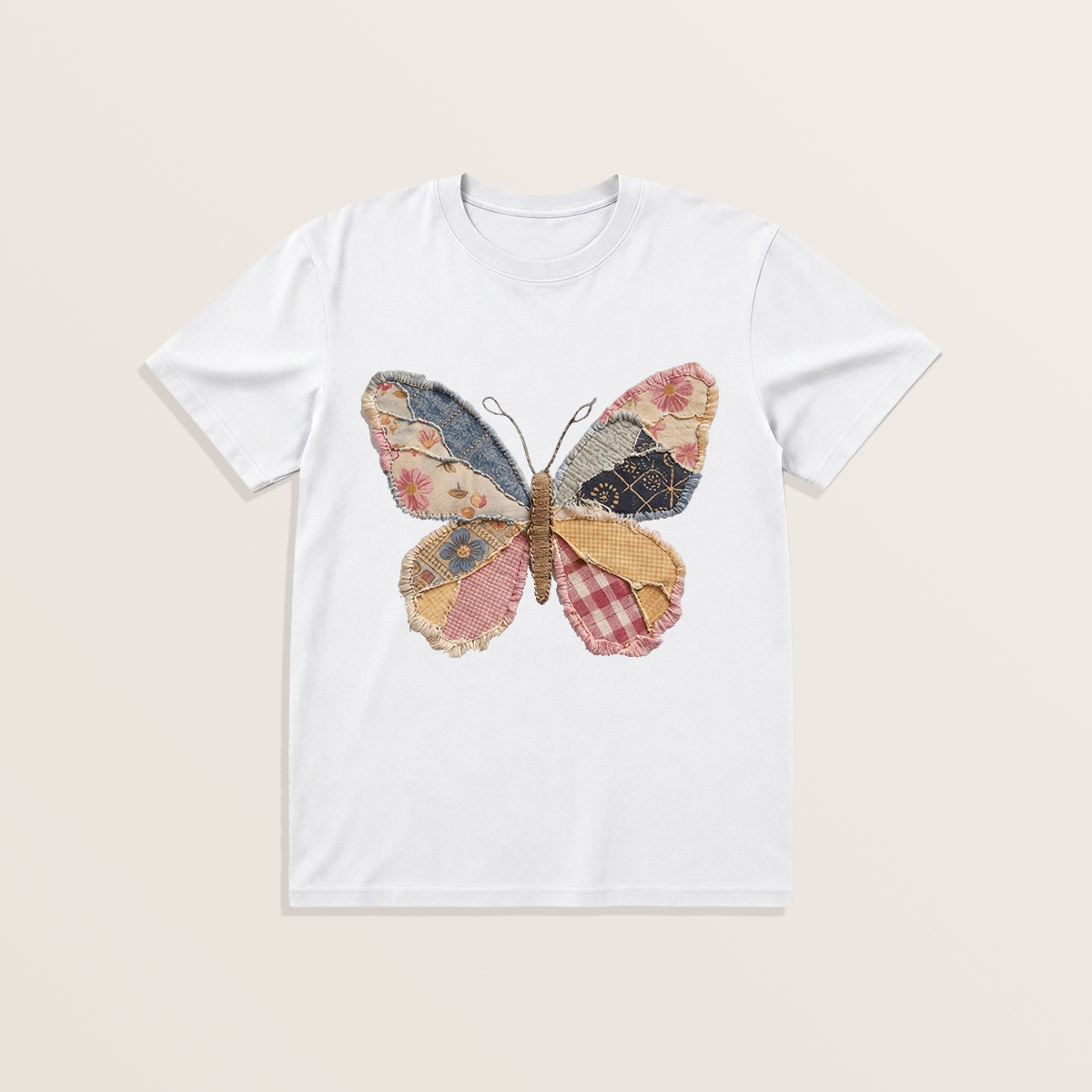 Quilt Patch Butterfly Print Crew Neck Cotton Tee