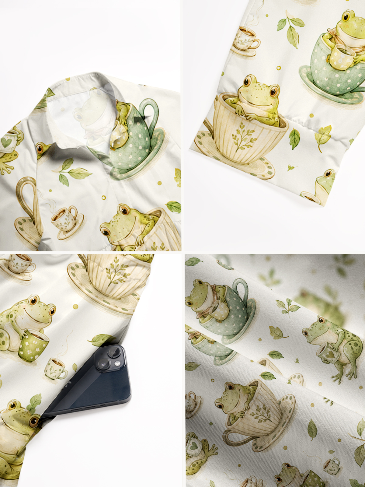 V Neck Collared Whimsical Frogs and Teacups Print Casual Midi Dress With Pockets