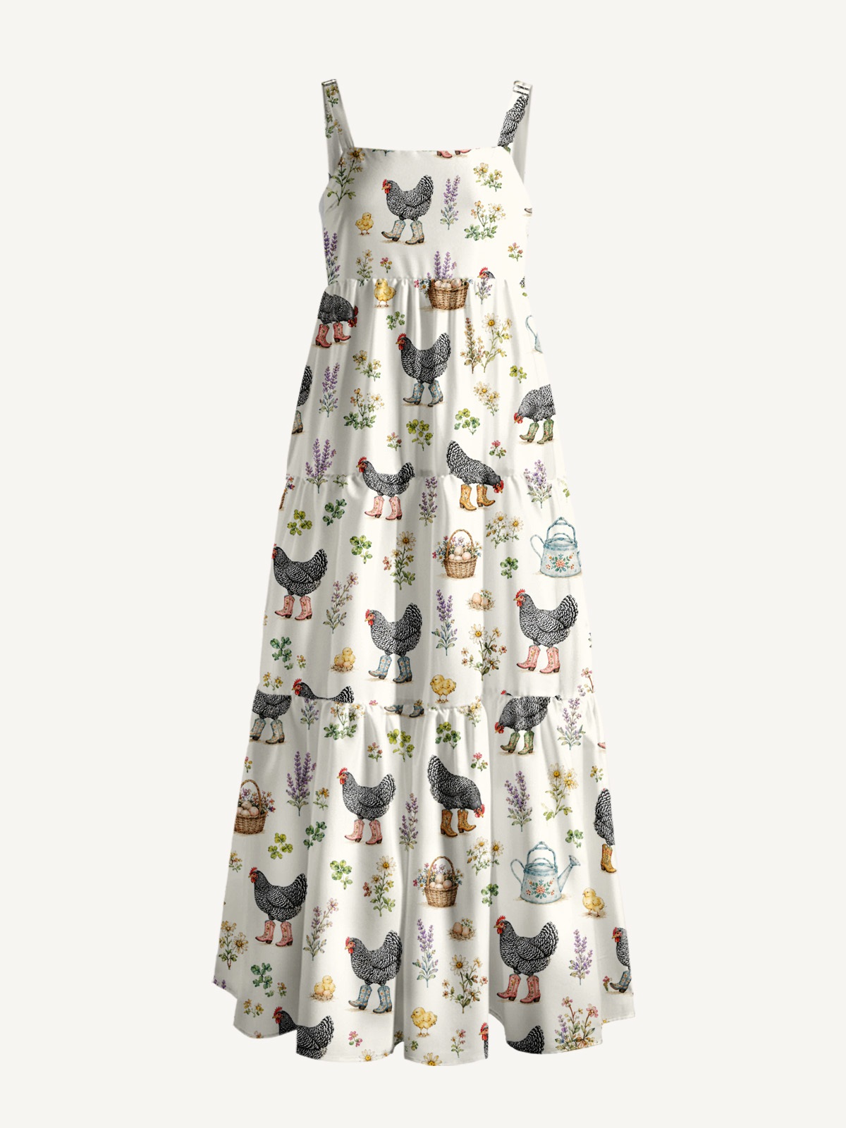 Booted Chickens Print Wide Straps Maxi Dress With Pockets