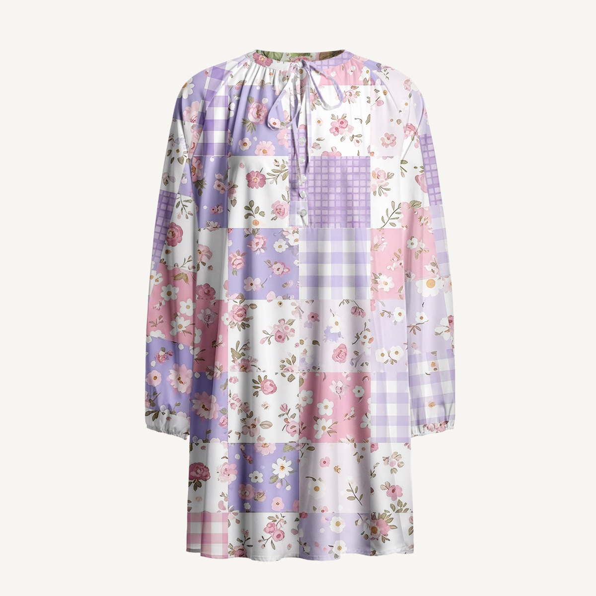 Sweet Cottage Patchwork Print Boho Long Sleeve Tie‑Neck Smock Mini Dress