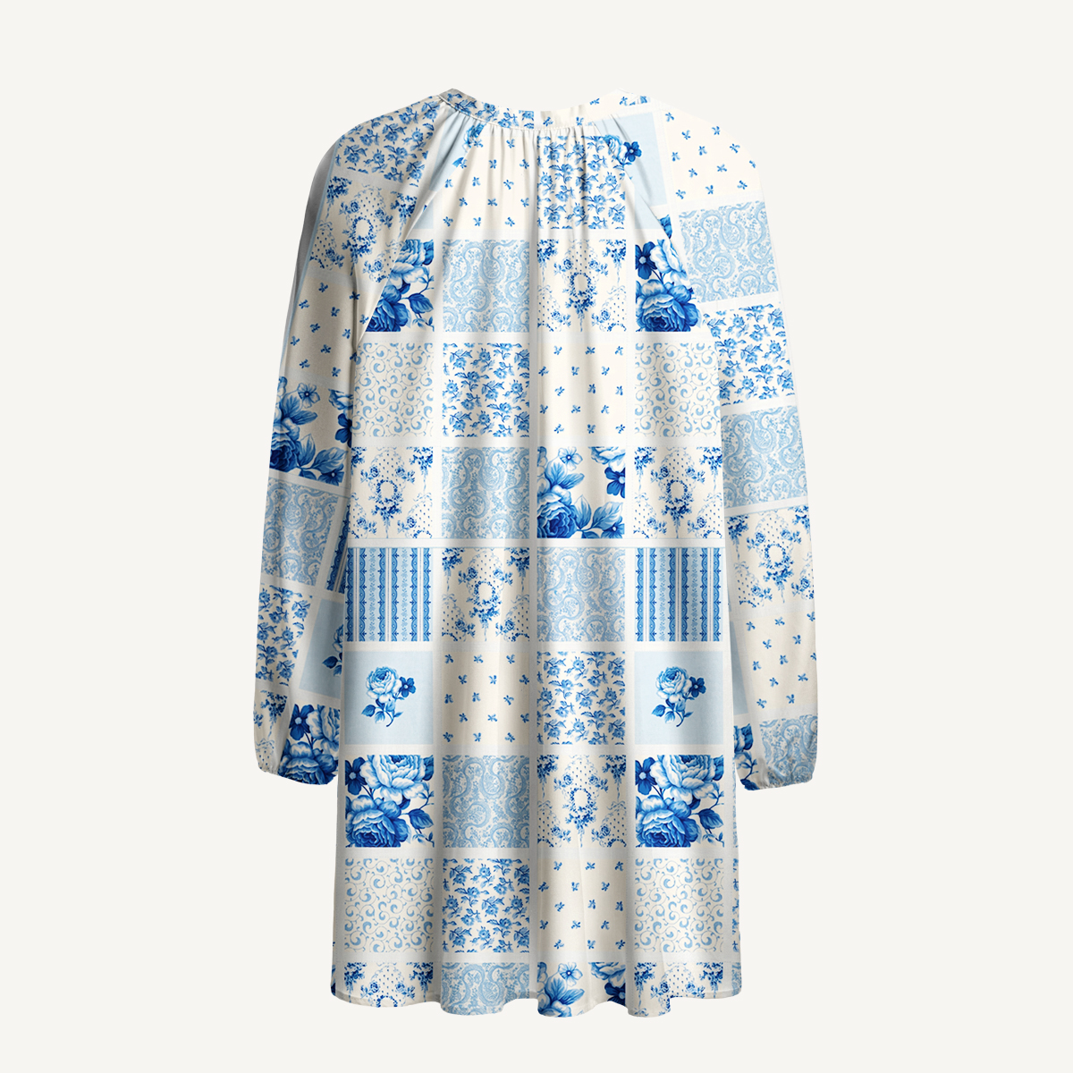 Delft Blue Floral Patchwork Print Boho Tie‑Neck Smock Mini Dress