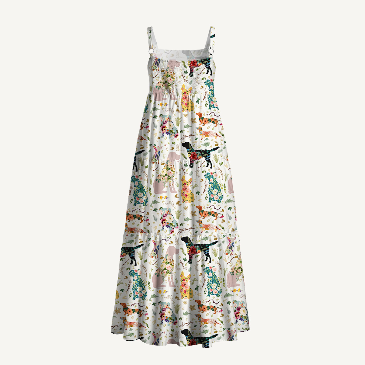 Flower Dog Print Wide Straps Maxi Dress With Pockets