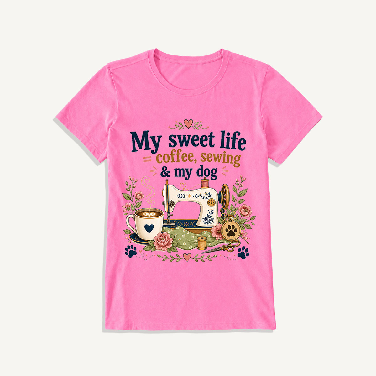Coffee Sewing and My Dog Print Crew Neck Cotton Tee
