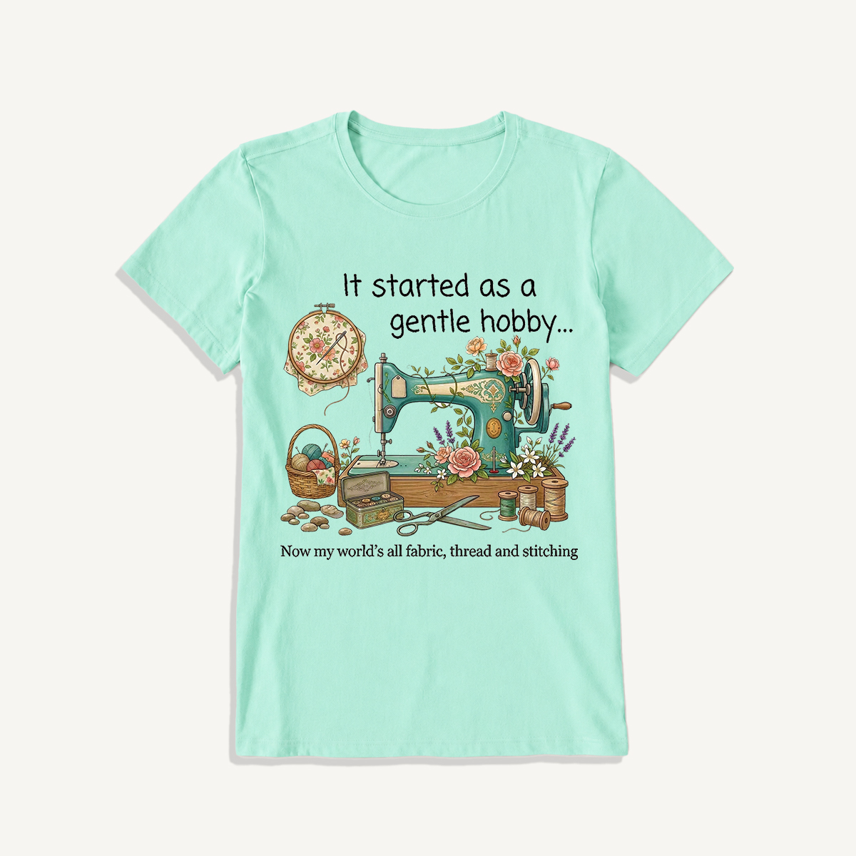 Gentle Hobby Floral Sewing Print Crew Neck Cotton Tee