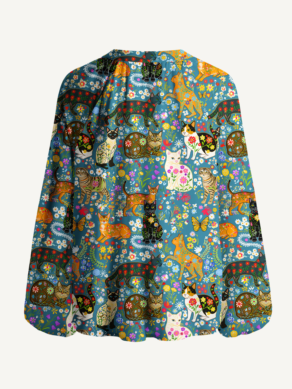 Colorful Garden Cat Pattern Print Boho Long Sleeve Tie‑Neck Smock Shirt