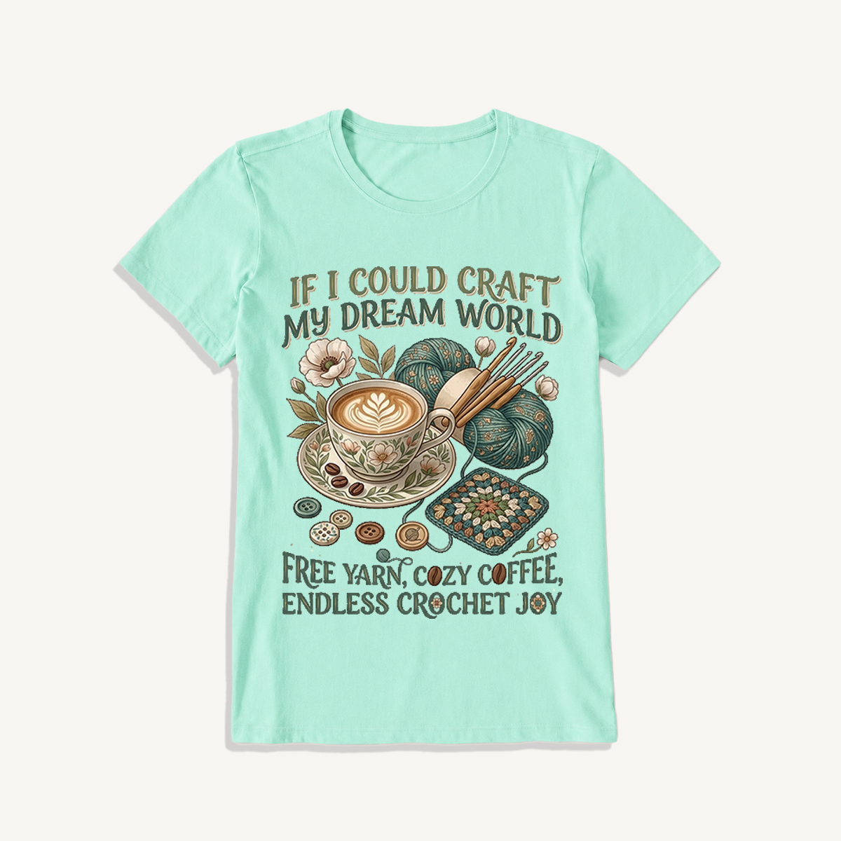 Cozy Coffee Crochet Dream Print Crew Neck Cotton Tee