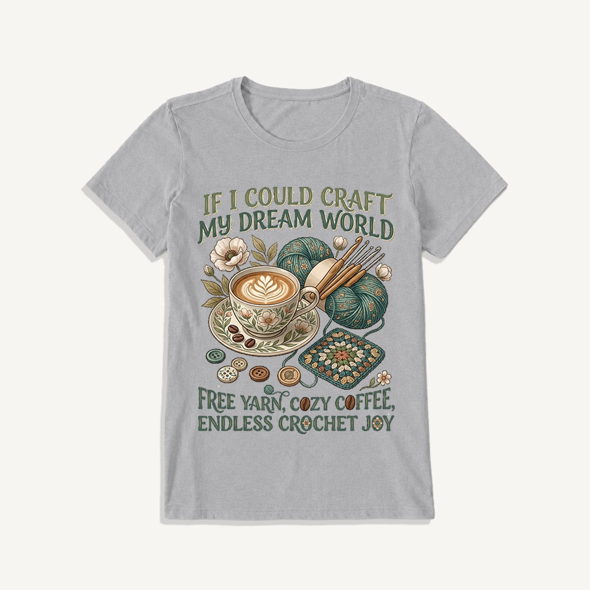 Cozy Coffee Crochet Dream Print Crew Neck Cotton Tee