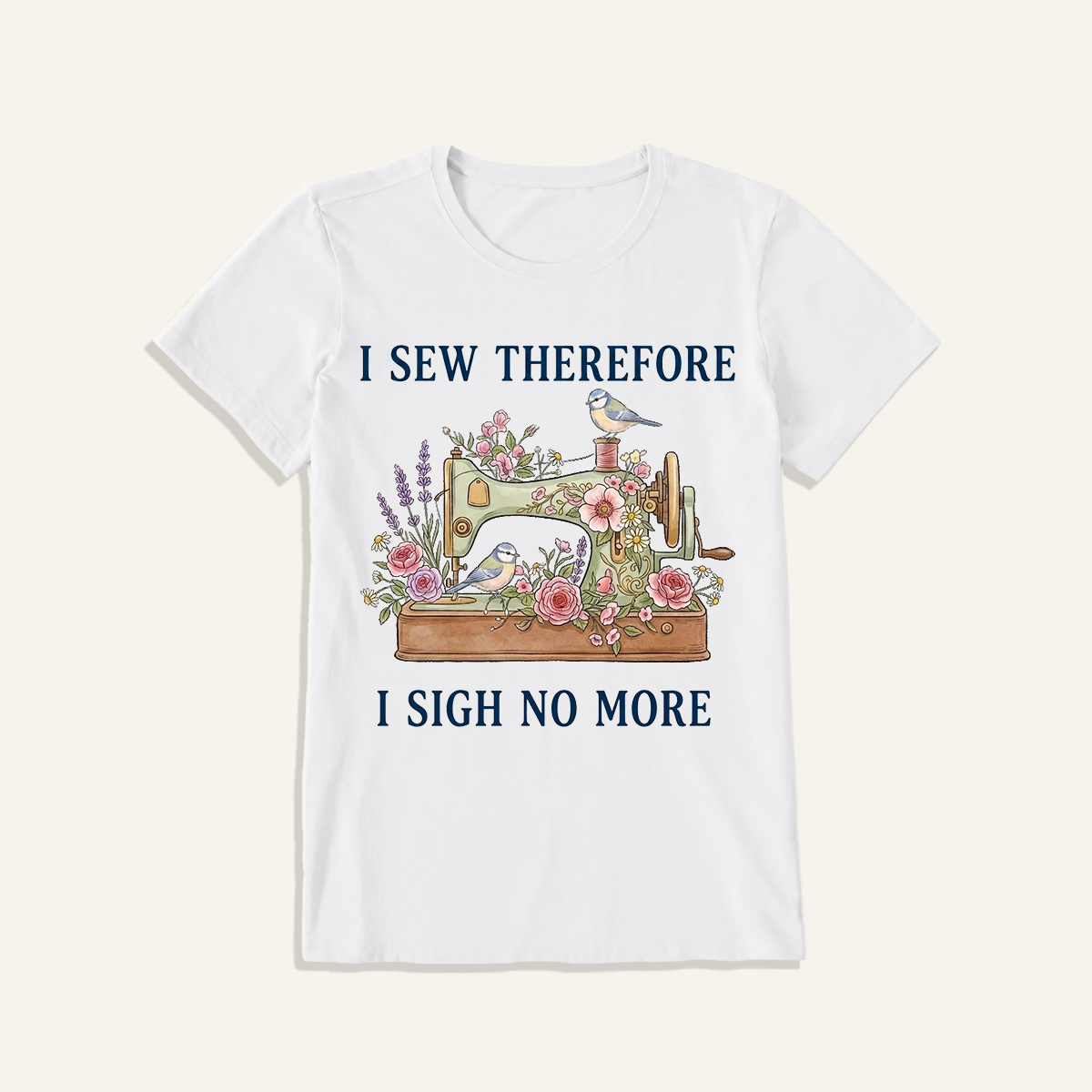 Floral Bird Sewing Serenity Print Crew Neck Cotton Tee